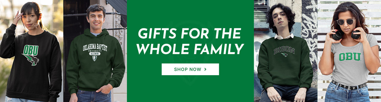 Gifts for the Whole Family. People wearing apparel from Oklahoma Baptist University Bison Official Team Apparel