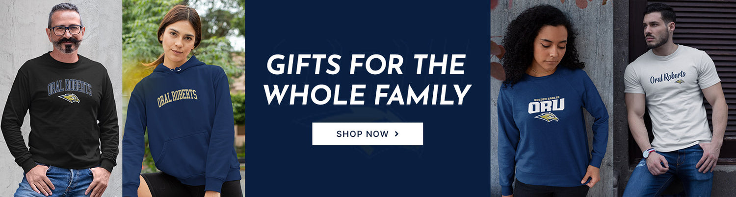 Gifts for the Whole Family. People wearing apparel from Oral Roberts University Golden Eagles Official Team Apparel