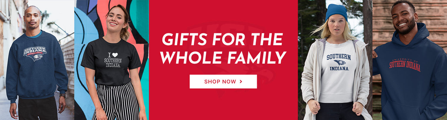Gifts for the Whole Family. People wearing apparel from University of Southern Indiana Screaming Eagles Official Team Apparel