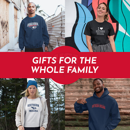 Gifts for the Whole Family. People wearing apparel from University of Southern Indiana Screaming Eagles Official Team Apparel - Mobile Banner