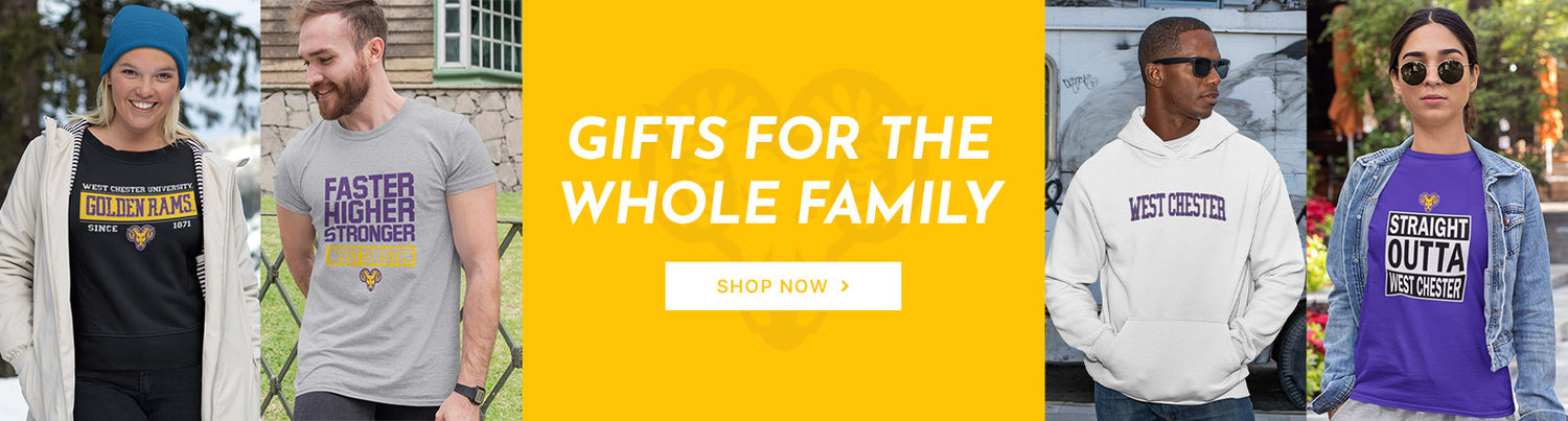 Gifts for the Whole Family. People wearing apparel from West Chester University Golden Rams Official Team Apparel