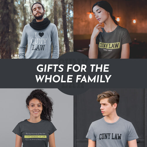 Gifts for the Whole Family. People wearing apparel from CUNY School of Law Official Team Apparel - Mobile Banner