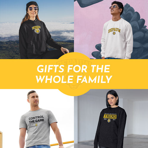 Gifts for the Whole Family. People wearing apparel from DePauw University Tigers Official Team Apparel - Mobile Banner