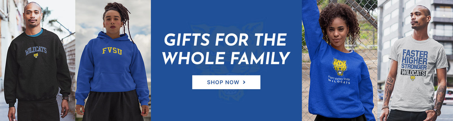 Gifts for the Whole Family. People wearing apparel from Fort Valley State University Wildcats