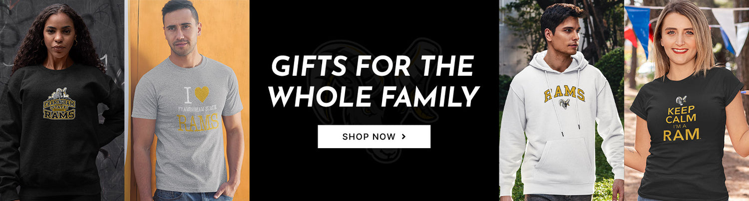 Gifts for the Whole Family. People wearing apparel from Framingham State University Rams