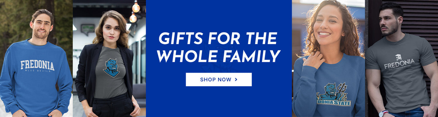 Gifts for the Whole Family. People wearing apparel from Fredonia State University Blue Devils Official Team Apparel