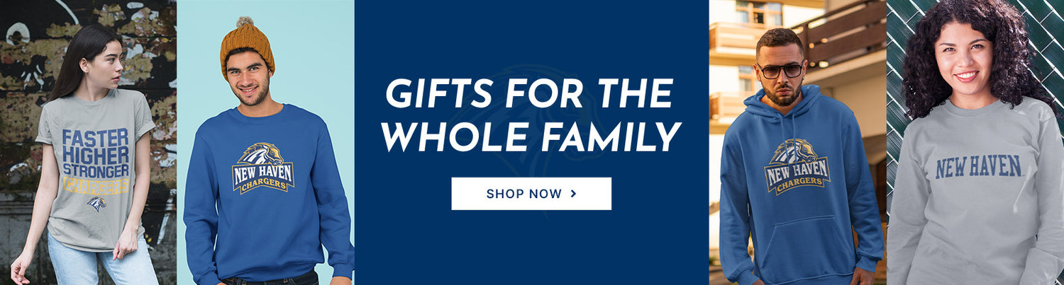 Gifts for the Whole Family. People wearing apparel from University of New Haven Chargers Official Team Apparel