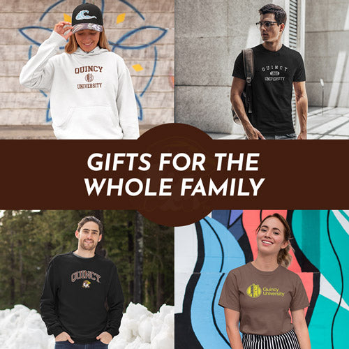 Gifts for the Whole Family. People wearing apparel from Quincy University Hawks Official Team Apparel - Mobile Banner