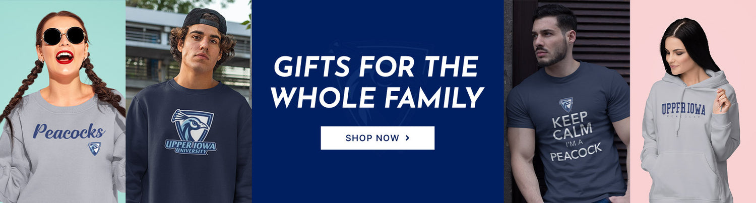 Gifts for the Whole Family. People wearing apparel from Upper Iowa University Peacocks Official Team Apparel