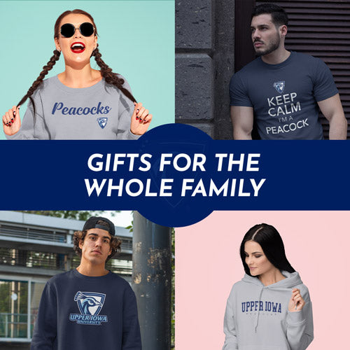 Gifts for the Whole Family. People wearing apparel from Upper Iowa University Peacocks Official Team Apparel - Mobile Banner
