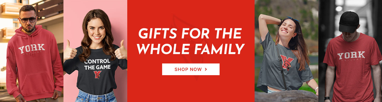 Gifts for the Whole Family. People wearing apparel from York College Cardinals Official Team Apparel