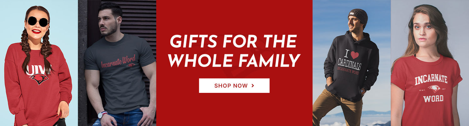 Gifts for the Whole Family. People wearing apparel from University of the Incarnate Word Cardinals Official Team Apparel