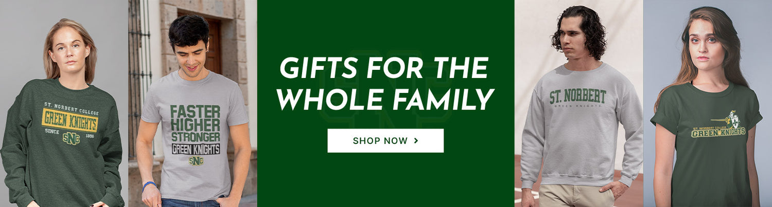 Gifts for the Whole Family. People wearing apparel from St. Norbert College Green Knights