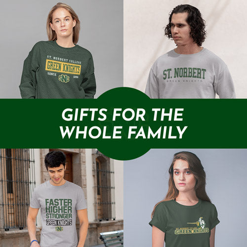 Gifts for the Whole Family. People wearing apparel from St. Norbert College Green Knights Official Team Apparel - Mobile Banner