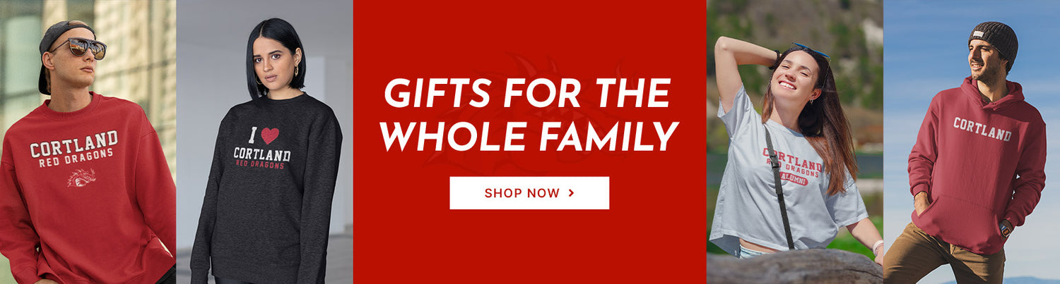 Gifts for the Whole Family. People wearing apparel from SUNY Cortland Red Dragons Official Team Apparel