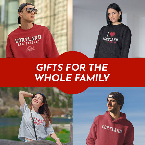 Gifts for the Whole Family. People wearing apparel from SUNY Cortland Red Dragons Official Team Apparel - Mobile Banner