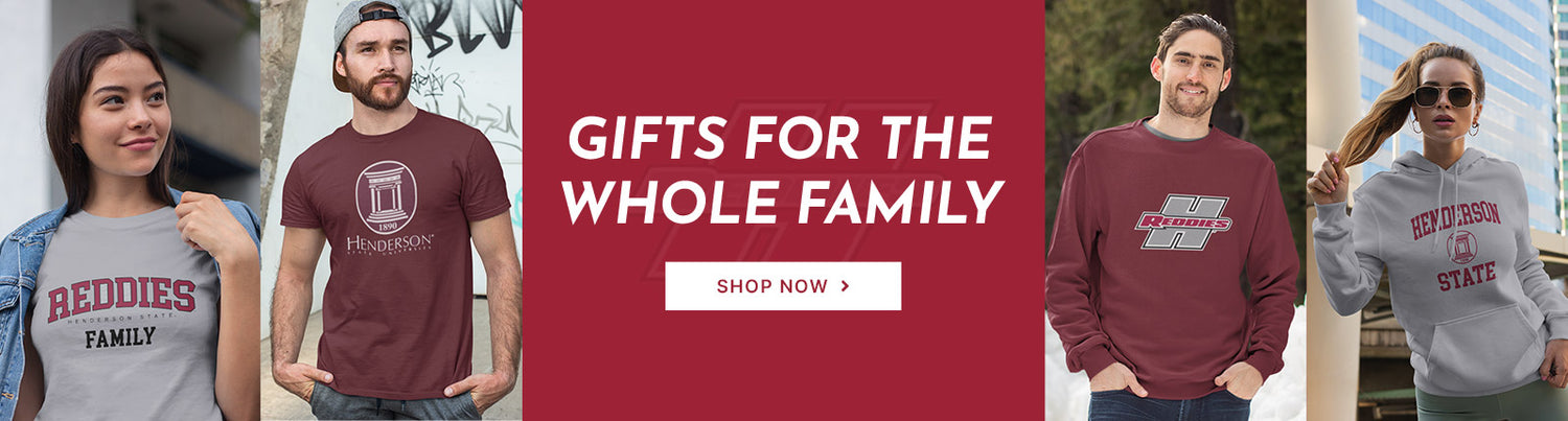 Gifts for the Whole Family. People wearing apparel from Henderson State University Reddies