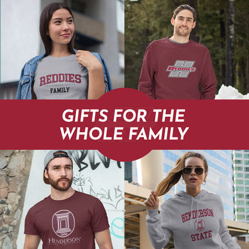 Gifts for the Whole Family. People wearing apparel from Henderson State University Reddies Official Team Apparel - Mobile Banner