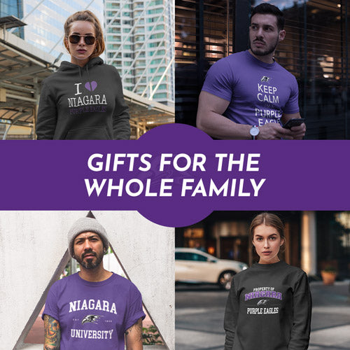 Gifts for the Whole Family. People wearing apparel from Niagara University Purple Eagles Official Team Apparel - Mobile Banner