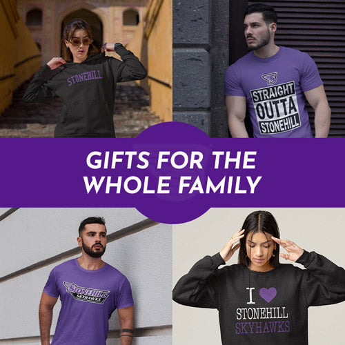 Gifts for the Whole Family. People wearing apparel from Stonehill College Skyhawks Official Team Apparel - Mobile Banner