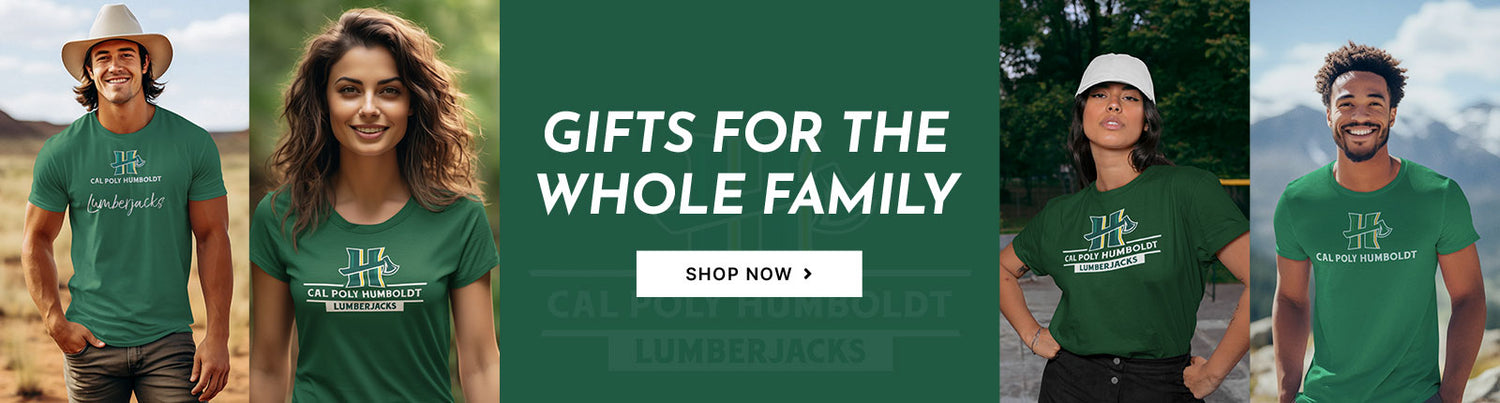 Gifts for the Whole Family. People wearing apparel from Cal Poly California State Polytechnic University Humboldt Lumberjacks