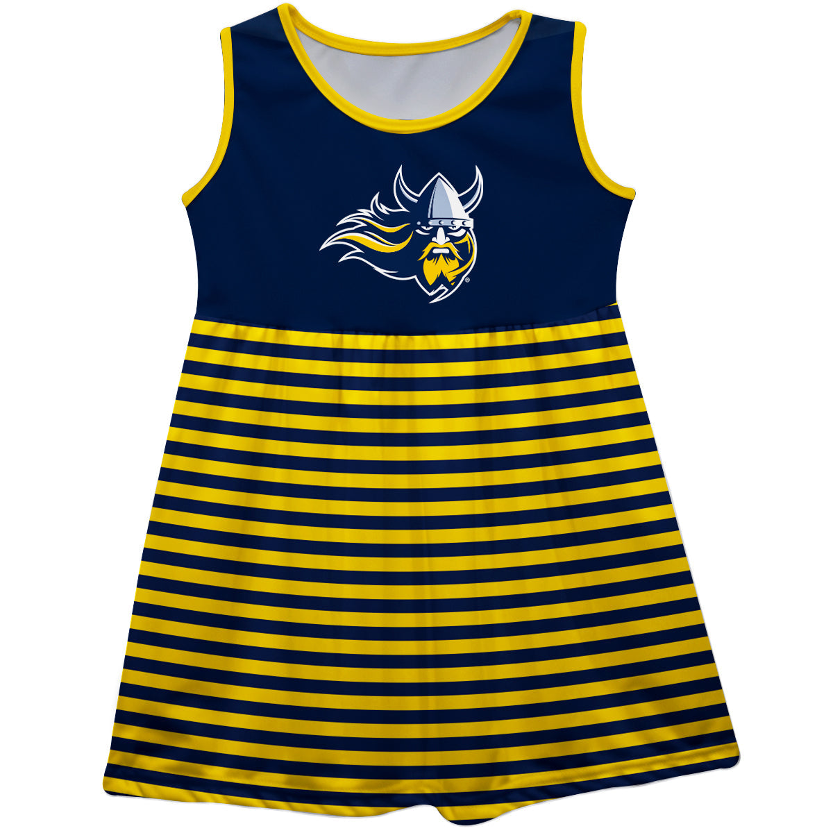 Augustana University Vikings AU Girls Game Day Sleeveless Tank Dress Solid Navy Mascot Stripes on Skirt by Vive La Fete-Campus-Wardrobe