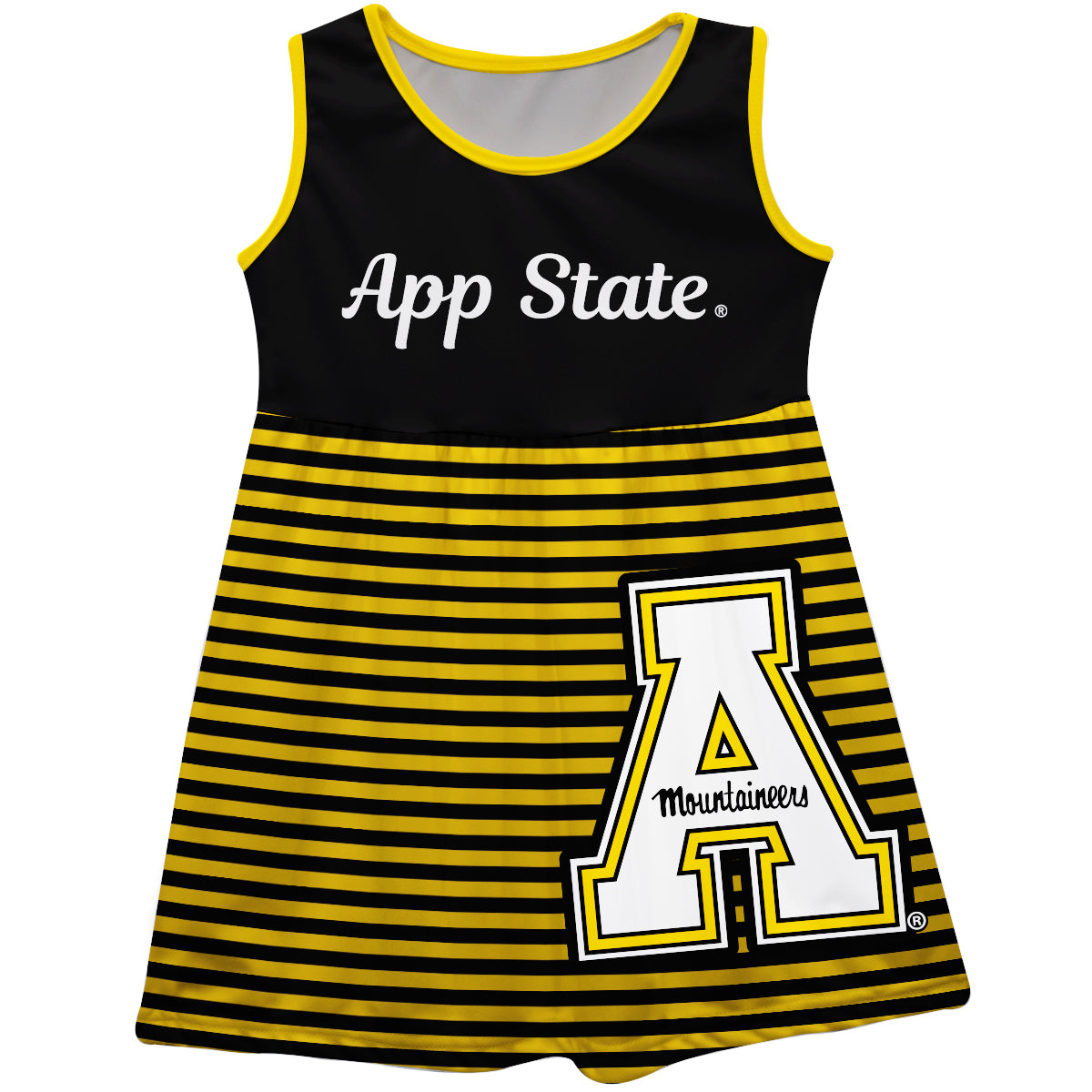 Appalachian State Mountaineers Black Sleeveless Tank Dress with Gold Stripes by Vive La Fete, Toddler / 3 Appalachian State Mountaineers Black Sleeveless Tank Dress with Gold Stripes by Vive La Fete, Toddler / 3
