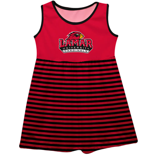 Lamar Cardinals Girls Game Day Sleeveless Tank Dress Solid Red Logo Stripes on Skirt by Vive La Fete-Campus-Wardrobe