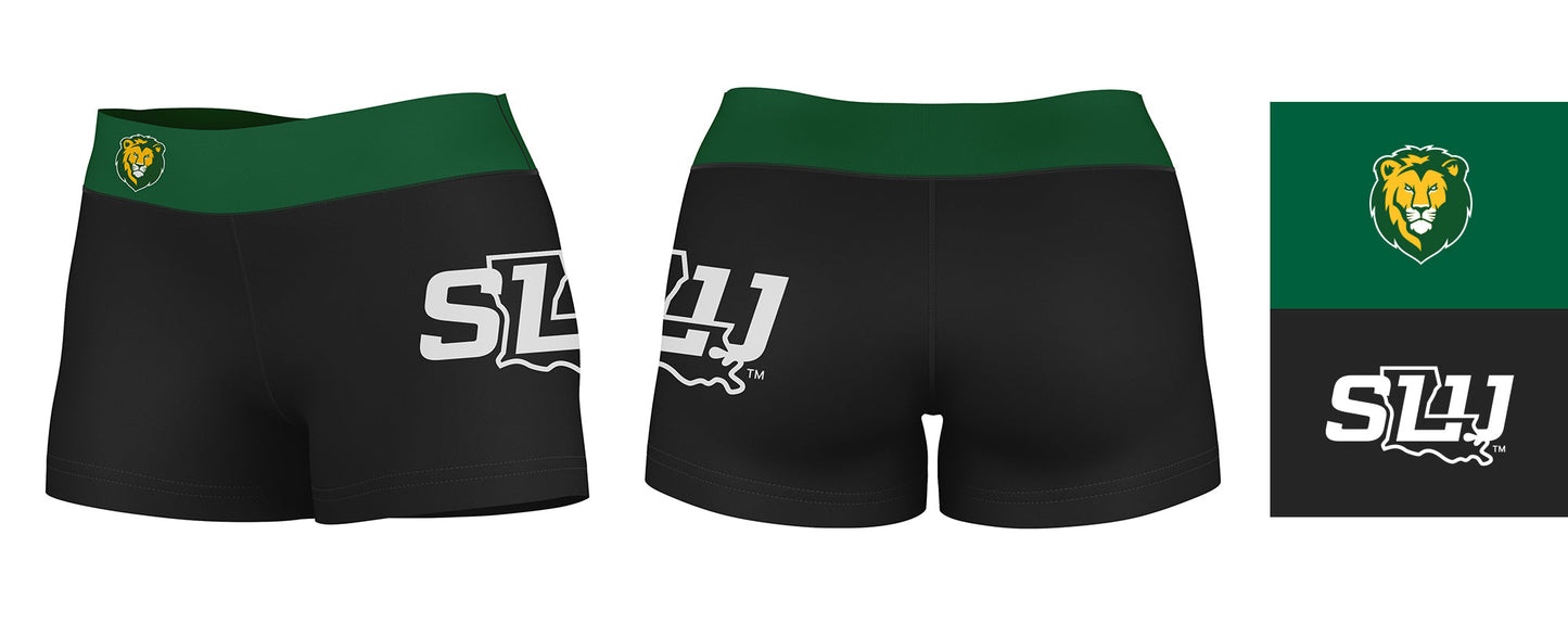 Southeastern Lions Logo on Thigh and Waistband Black & Green Womens Yoga Booty Workout Shorts by Vive La Fete