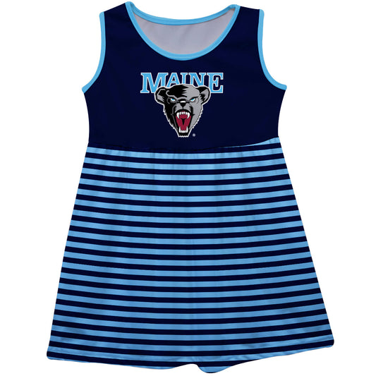 Maine Black Bears Girls Game Day Sleeveless Tank Dress Solid Navy Logo Stripes on Skirt by Vive La Fete-Campus-Wardrobe