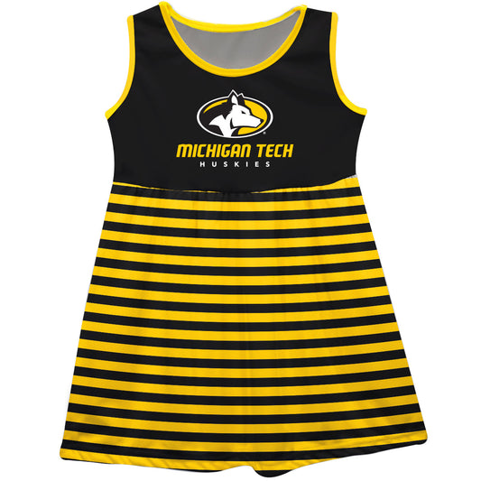 Michigan Tech Huskies MTU Girls Game Day Sleeveless Tank Dress Solid Black Logo Stripes on Skirt by Vive La Fete-Campus-Wardrobe