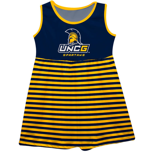 UNCG Spartans Girls Game Day Sleeveless Tank Dress Solid Navy Logo Stripes on Skirt by Vive La Fete-Campus-Wardrobe