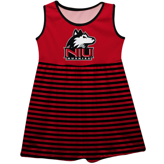 Northern Illinois Huskies Girls Game Day Sleeveless Tank Dress Solid Red Logo Stripes on Skirt by Vive La Fete-Campus-Wardrobe