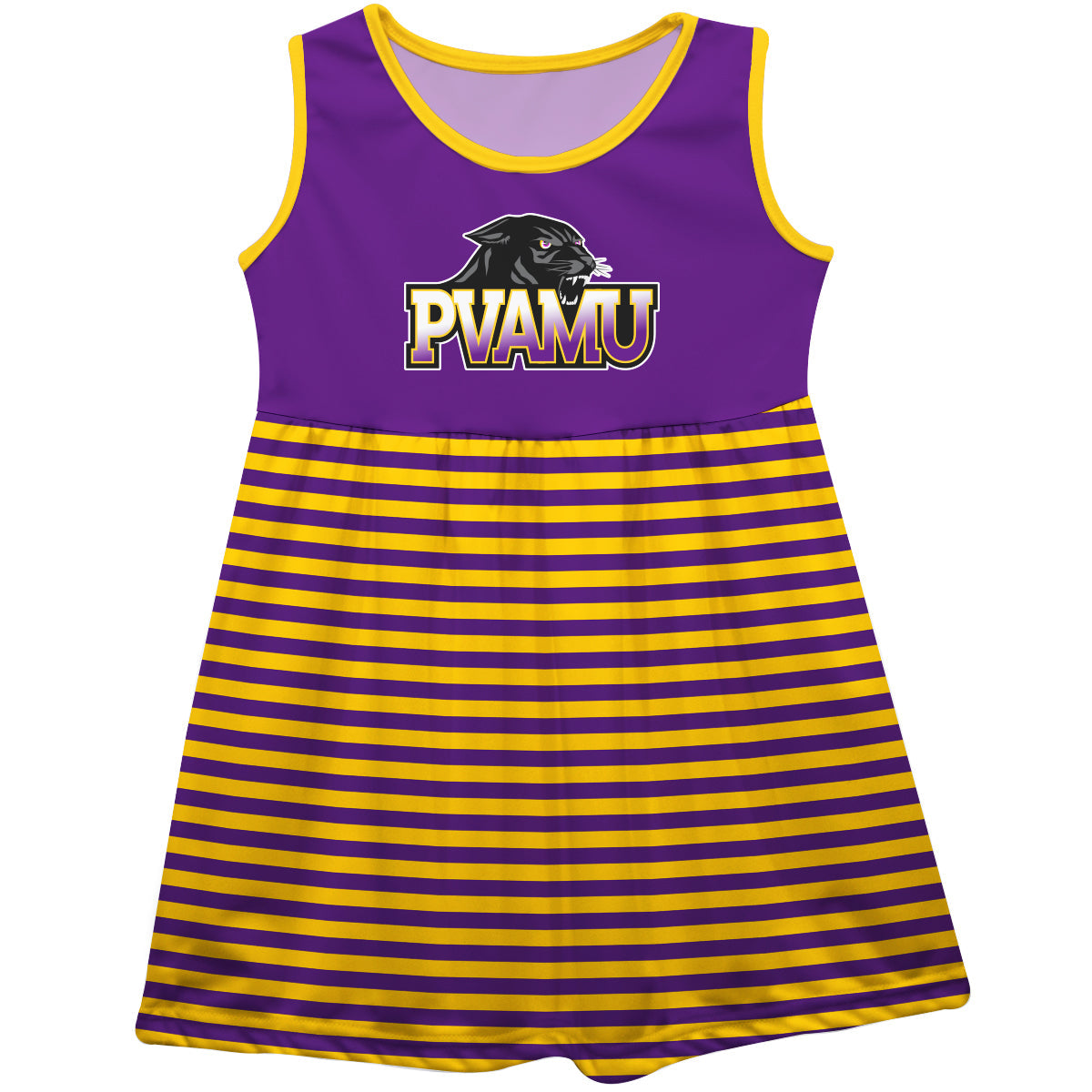 Prairie View A&M University Panthers PVAMU Purple and Gold Sleeveless Tank Dress with Stripes on Skirt by Vive La Fete-Campus-Wardrobe