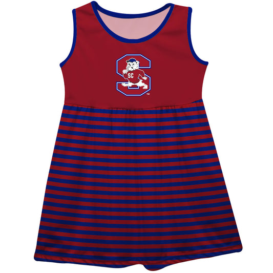 South Carolina State Bulldogs Red and Blue Sleeveless Tank Dress with Stripes on Skirt by Vive La Fete-Campus-Wardrobe