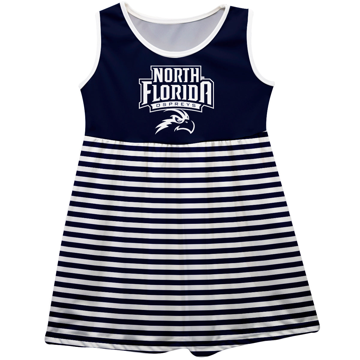 North Florida Ospreys Girls Game Day Sleeveless Tank Dress Solid Blue Logo Stripes on Skirt by Vive La Fete-Campus-Wardrobe