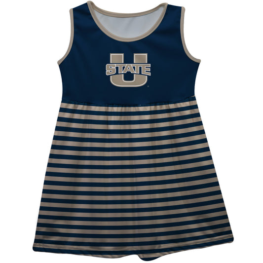 Utah State Aggies USU Girls Game Day Sleeveless Tank Dress Solid Navy Logo Stripes on Skirt by Vive La Fete-Campus-Wardrobe