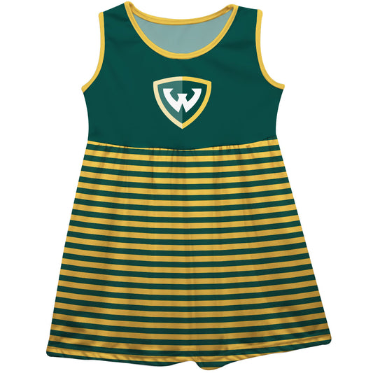 Wayne State University Warriors Green and Gold Sleeveless Tank Dress with Stripes on Skirt by Vive La Fete-Campus-Wardrobe