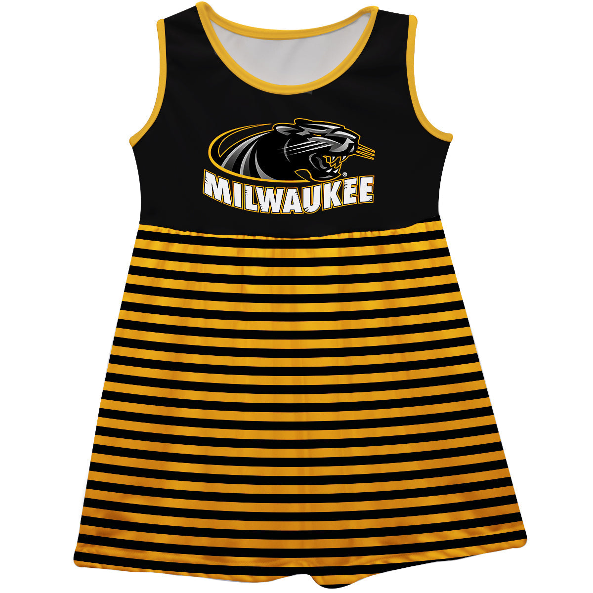 Milwaukee Panthers Girls Game Day Sleeveless Tank Dress Solid Black Logo Stripes on Skirt by Vive La Fete, Youth / XL