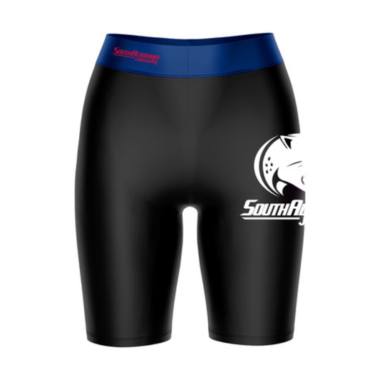 South Alabama Jaguars Game Day Logo on Thigh and Waistband Black and Blue Womens Bike Shorts by Vive La Fete