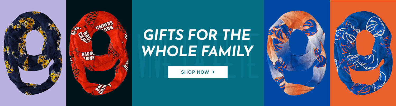 Gifts for the Whole Family. People wearing apparel from Vive La Fete College Scarves