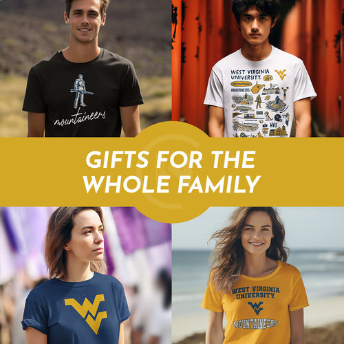 Gifts for the Whole Family. People wearing apparel from West Virginia University Mountaineers - Mobile Banner