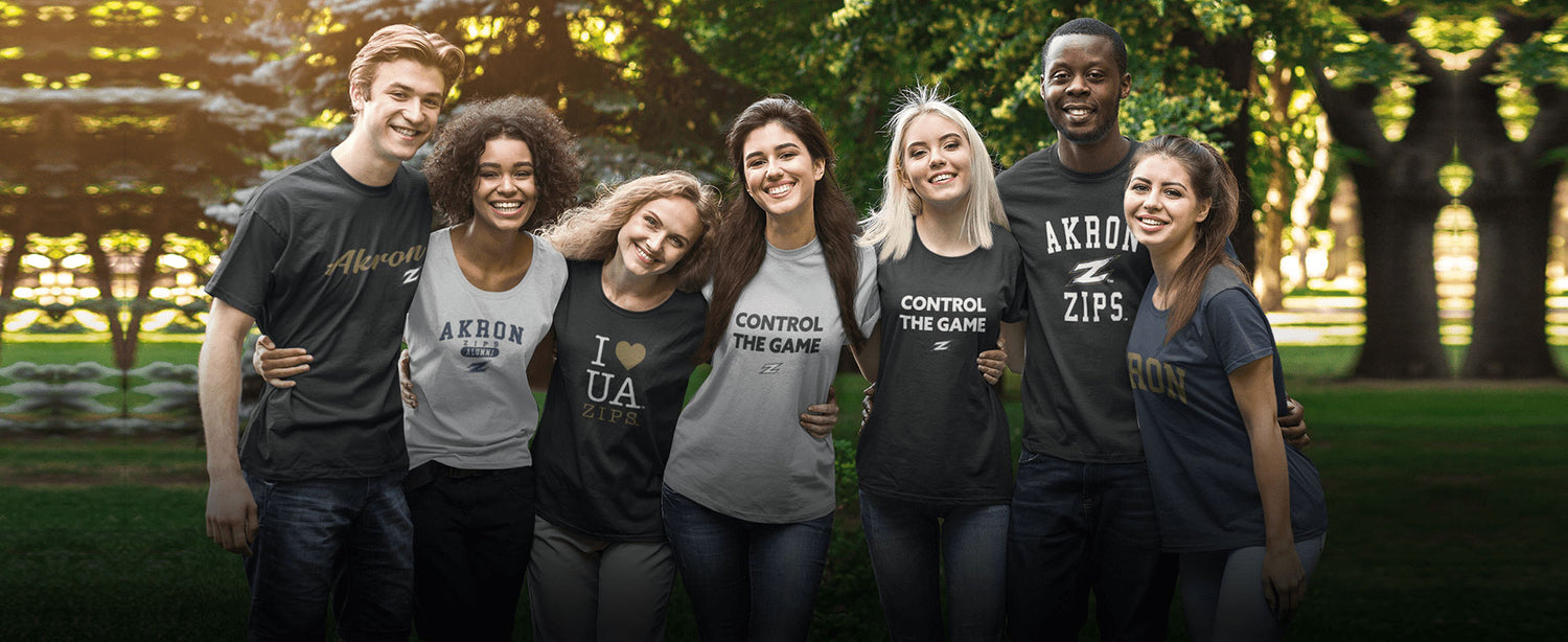 Group of students wearing college t-shirts