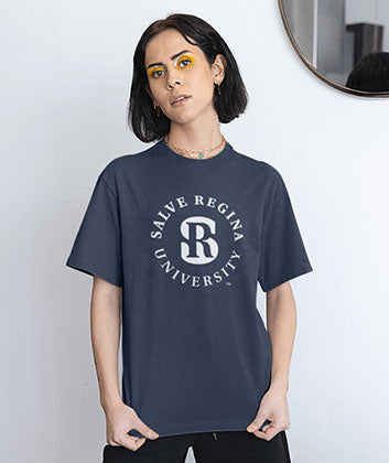 A woman is wearing a Salve Regina University t-shirt