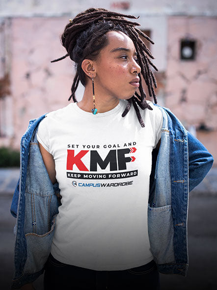 A girl is wearing campus wardrobe phrases design t-shirt