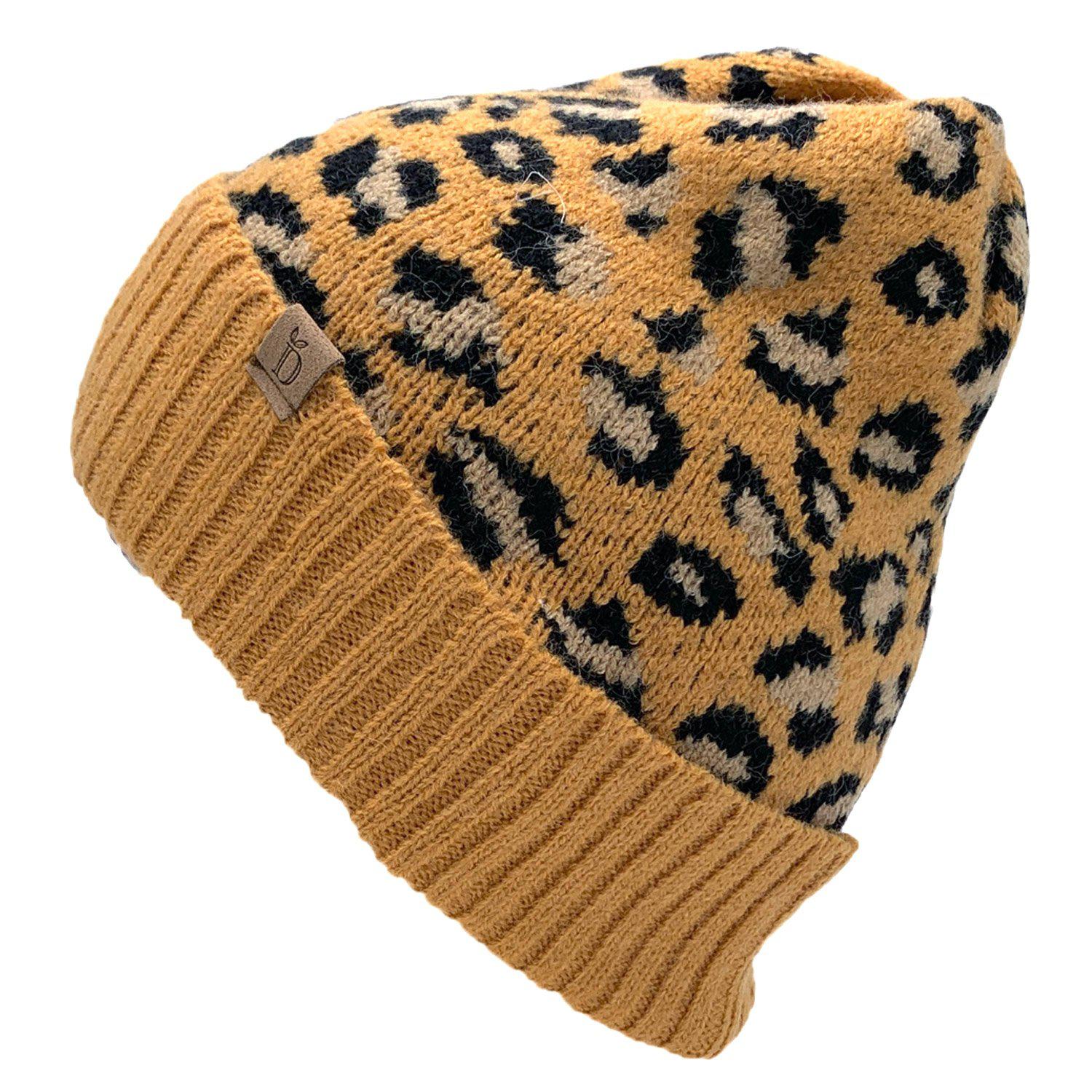 Empire Cove Winter Knit Ribbed Leopard Cuff Beanie-UNCATEGORIZED-Empire Cove-Mustard-Casaba Shop