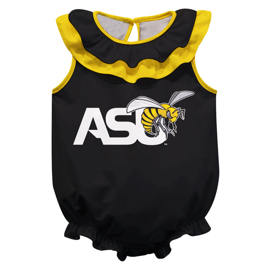 Alabama State Hornets Black Sleeveless Ruffle One Piece Jumpsuit Mascot Bodysuit by Vive La Fete