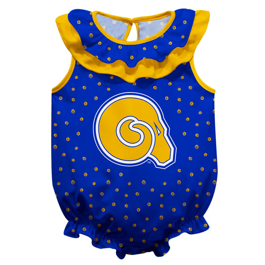 Albany State Rams Swirls Blue Sleeveless Ruffle One Piece Jumpsuit Logo Bodysuit by Vive La Fete