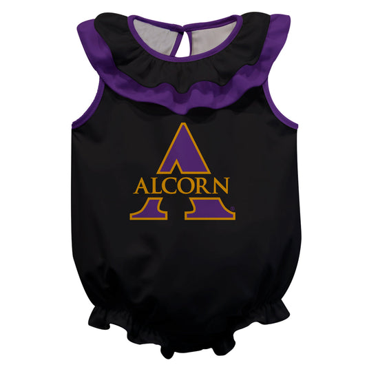 Alcorn State University Braves Black Sleeveless Ruffle One Piece Jumpsuit Mascot Bodysuit by Vive La Fete