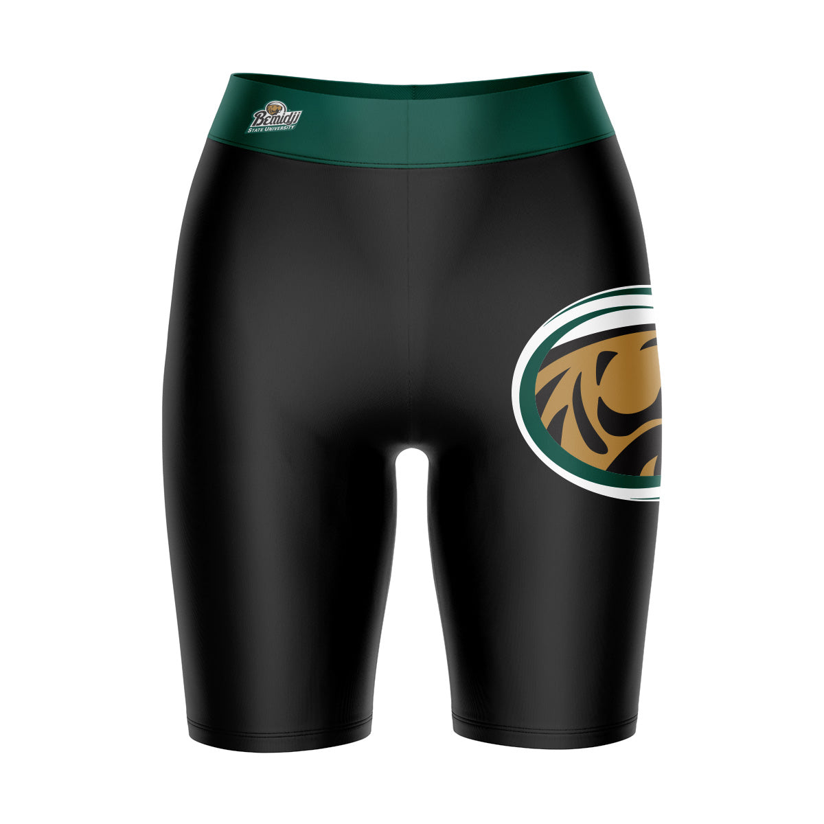 Bemidji State Beavers BSU Vive La Fete Game Day Logo on Thigh and Waistband Black and Green Women Bike Short 9 Inseam"